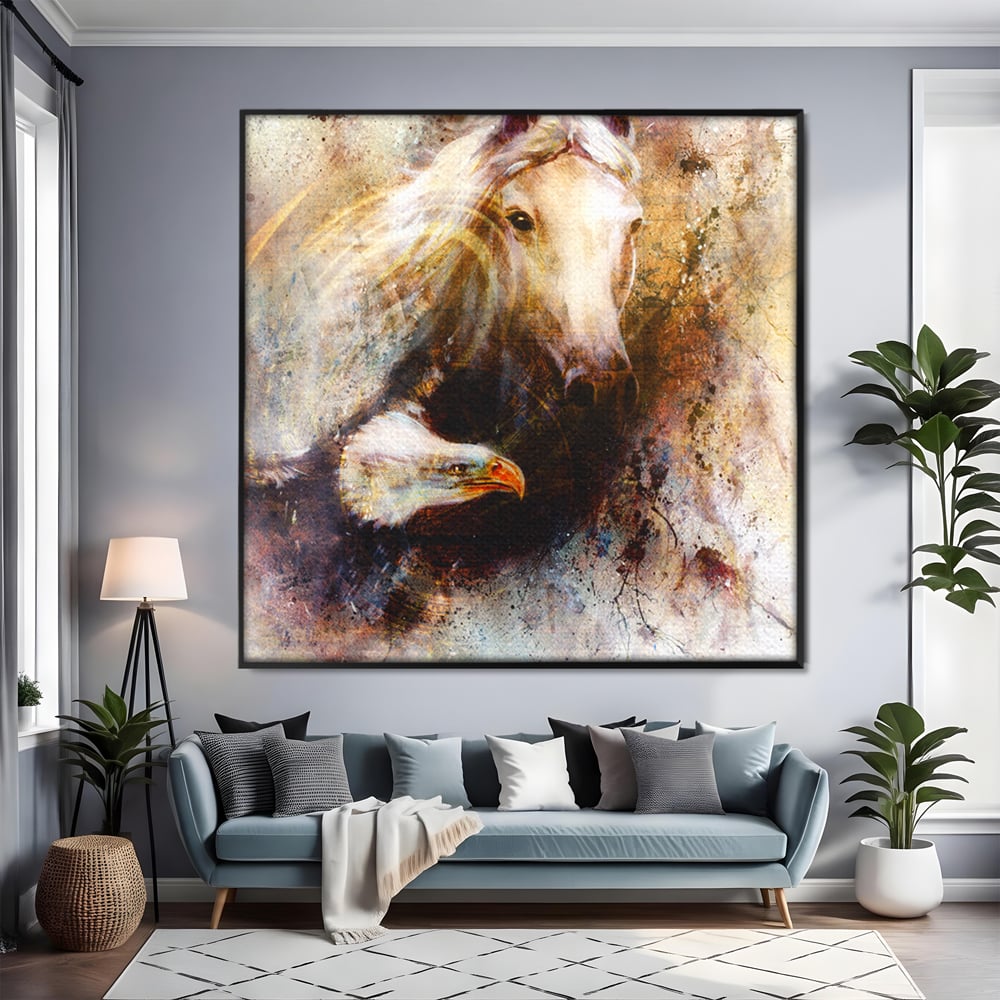 Tablou canvas cu tablou pictura cu cal si vultur, in rama de aluminiu negru, pe perete intr-un living